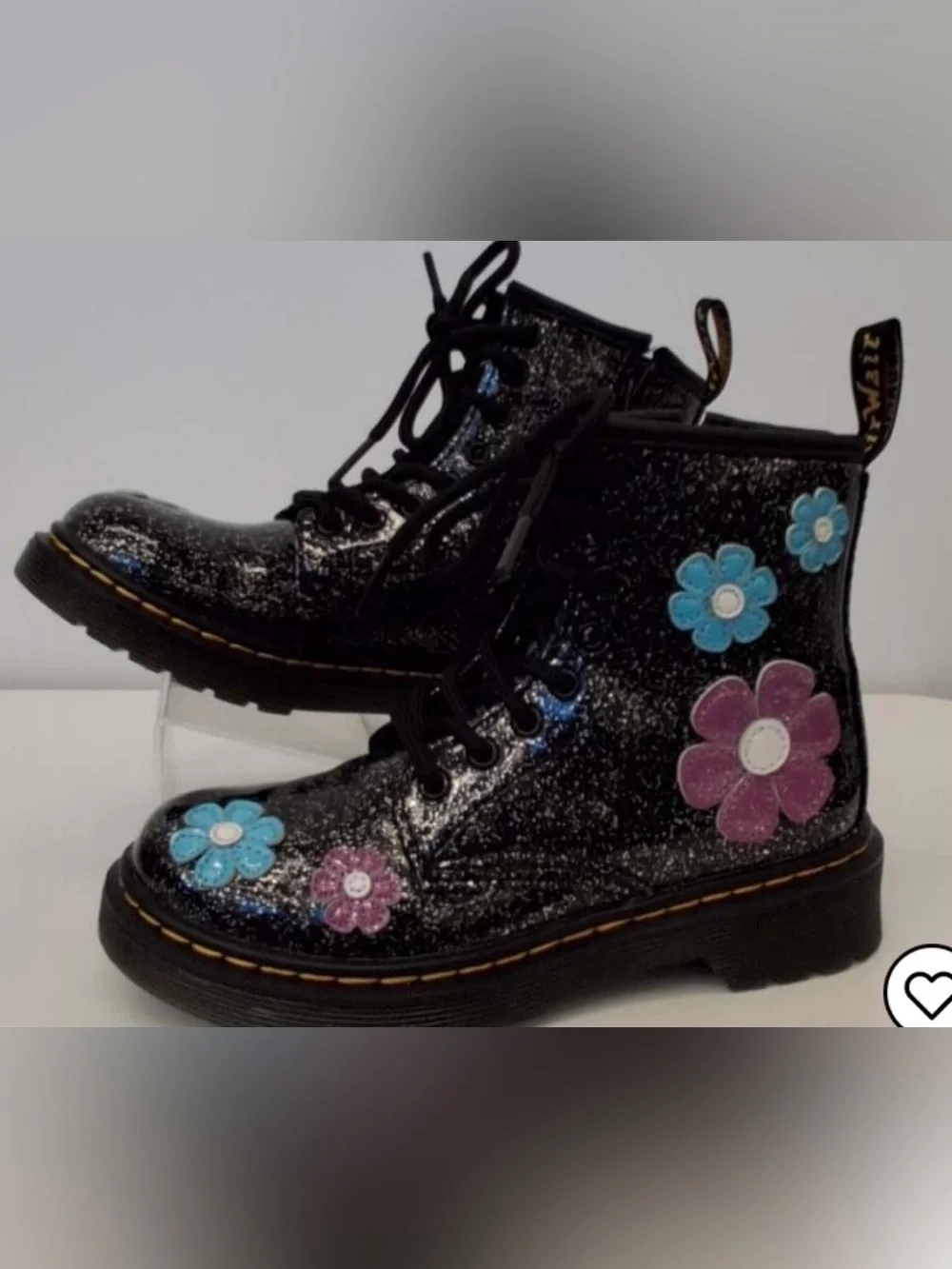 Dr. Martens 1460 Cosmic Glitter Flower Appliqué Boots Kids Black Glitter Lace-Up
